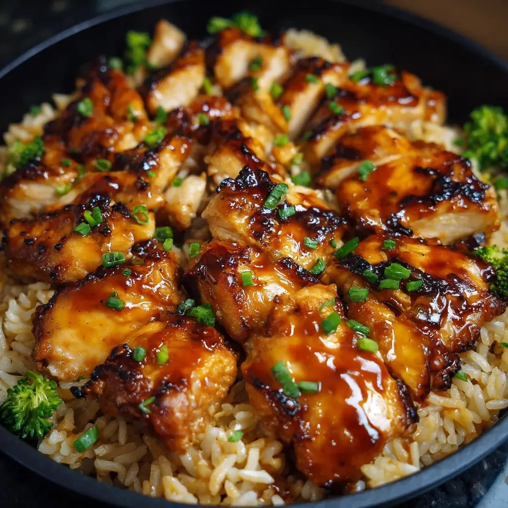 A plate stacked with rice and BBQ chicken pieces.