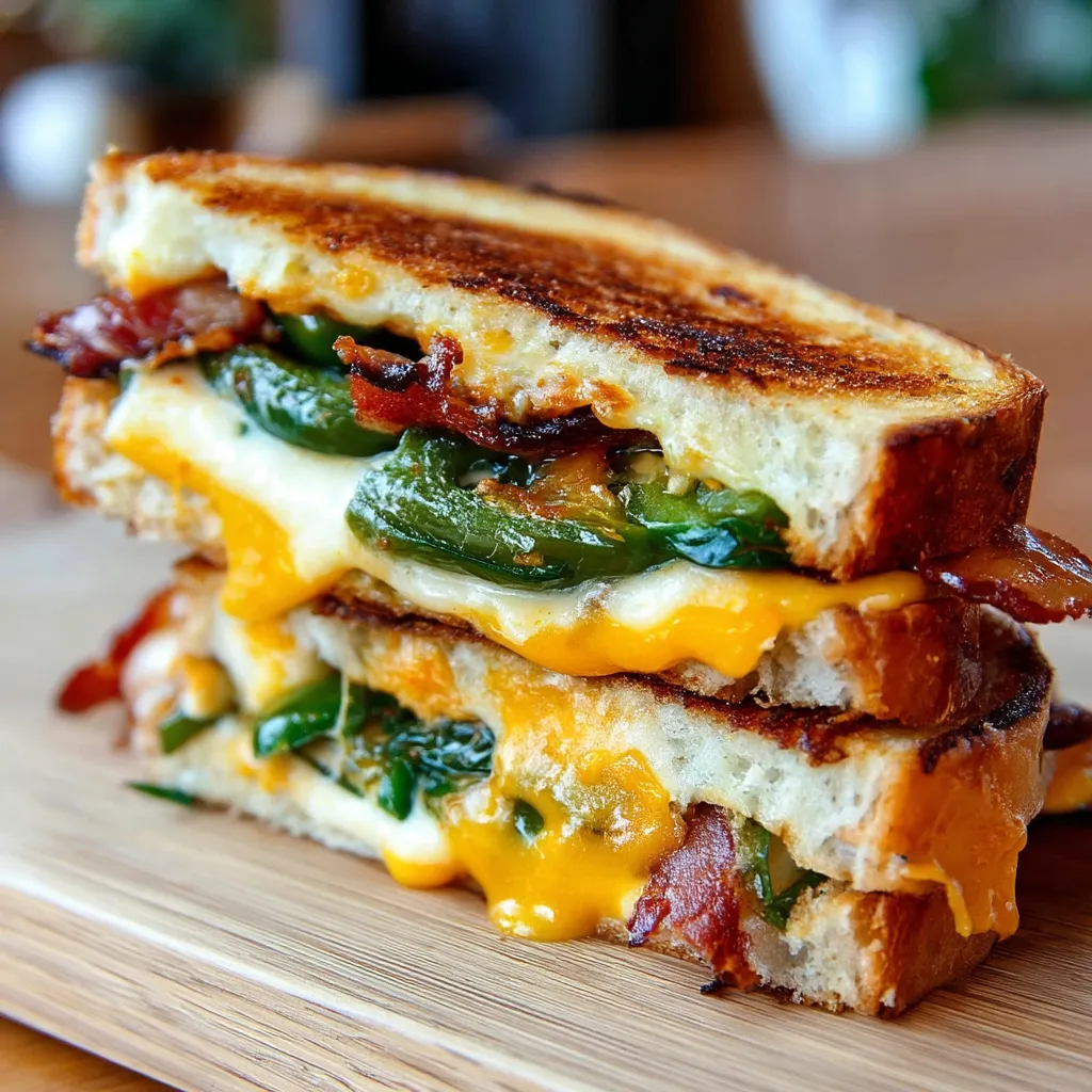 Sandwich loaded with peppers, cheese, and bacon.