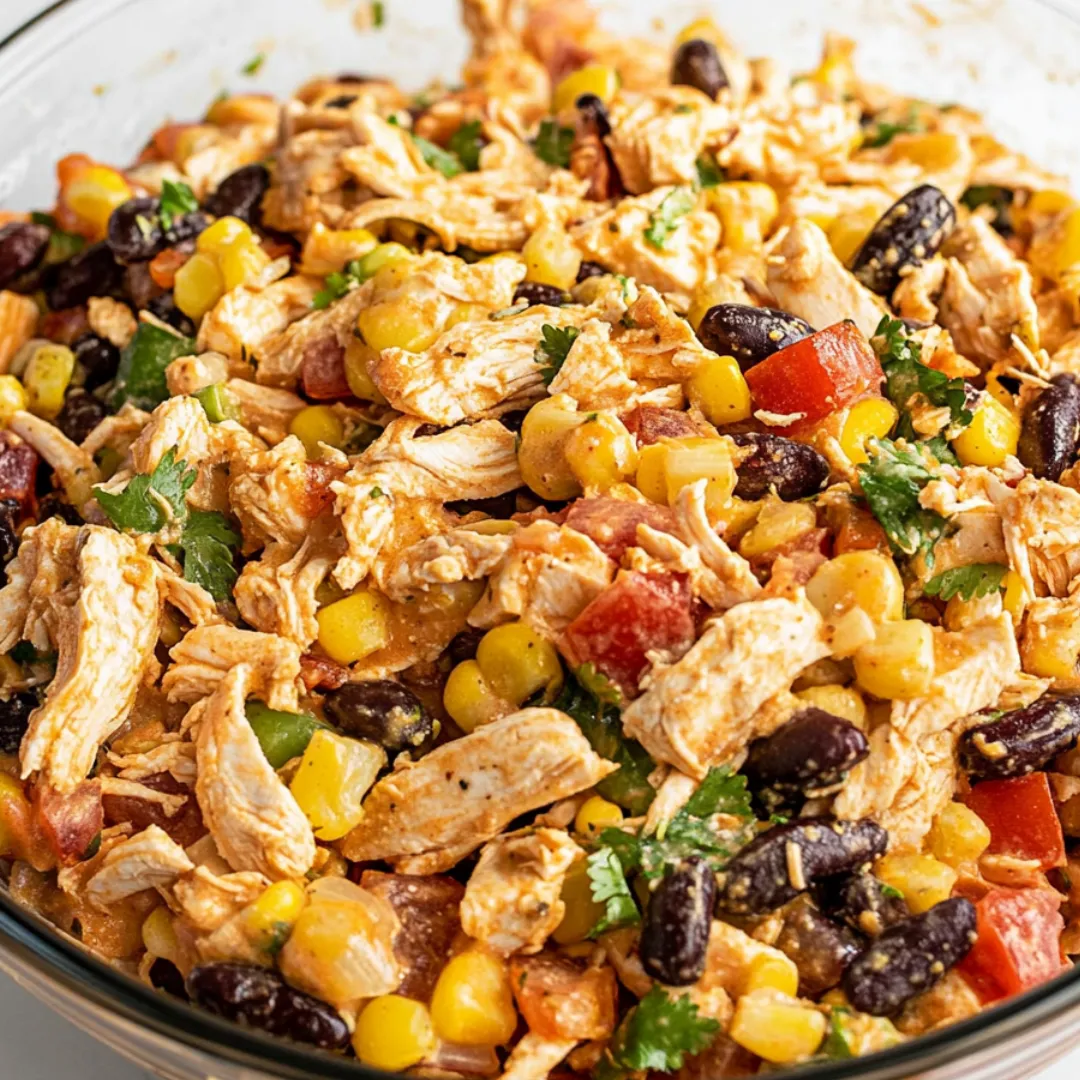 Chicken, corn, beans, and tomatoes in a bowl.