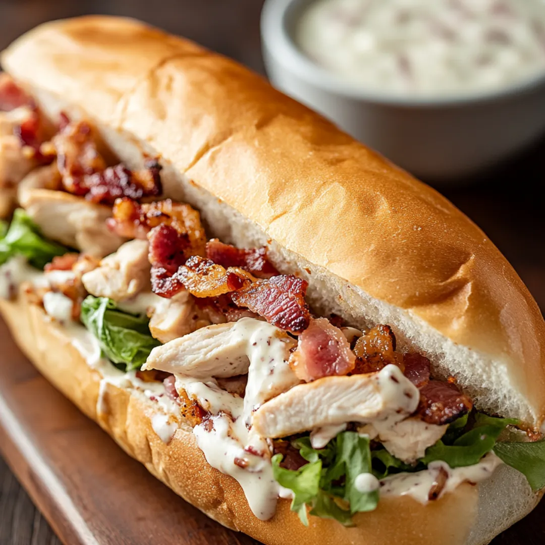Chicken and bacon sandwich stacked on a bun.
