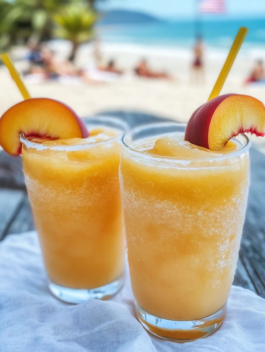 Two glasses of peach juice sitting on a tabletop.
