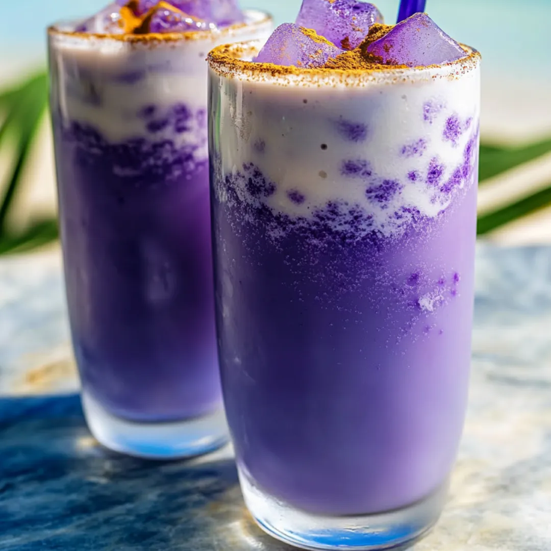 Two chilled purple drinks topped with sunny yellow bits.