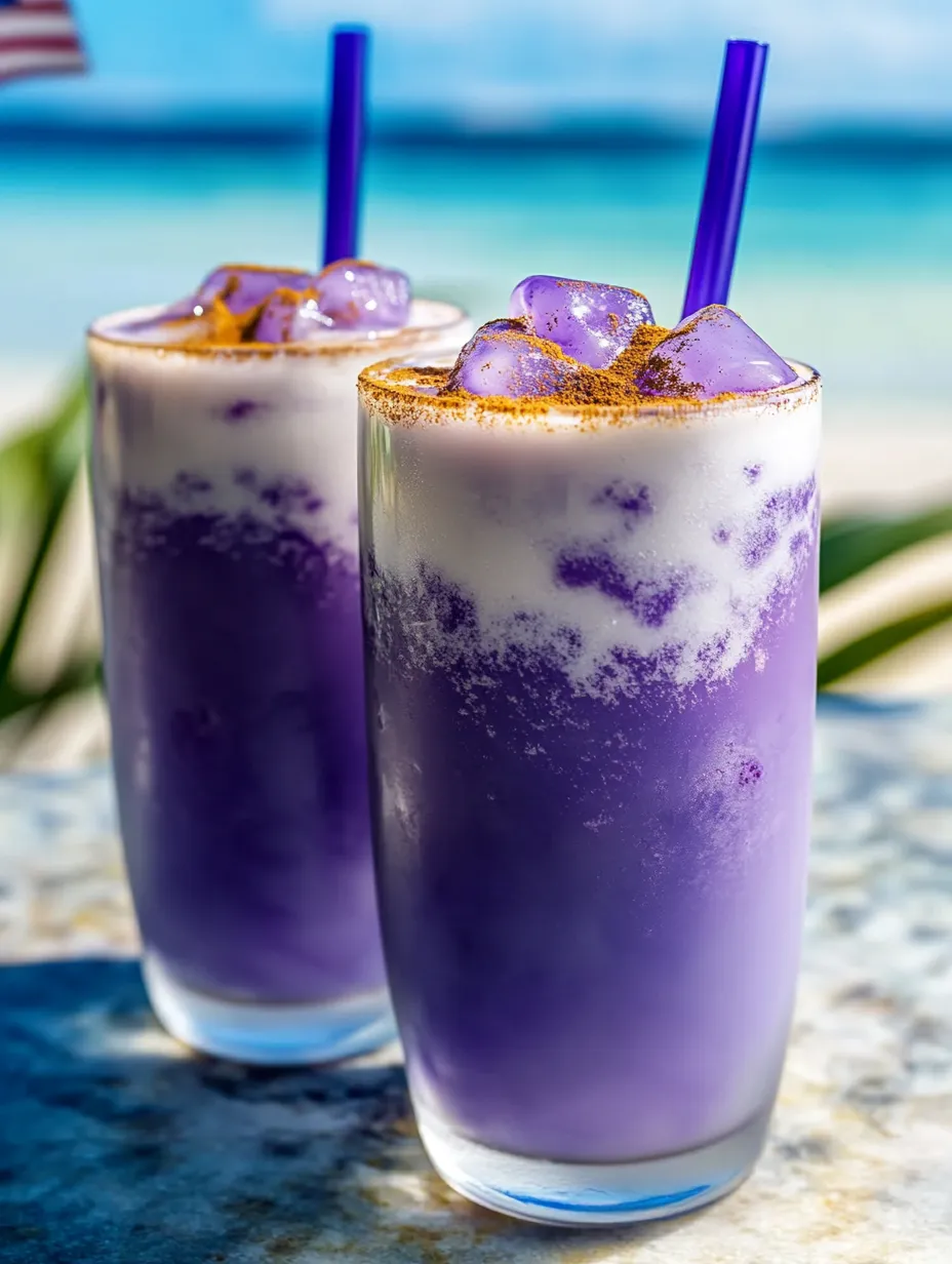 Two glasses loaded with a vivid purple drink.