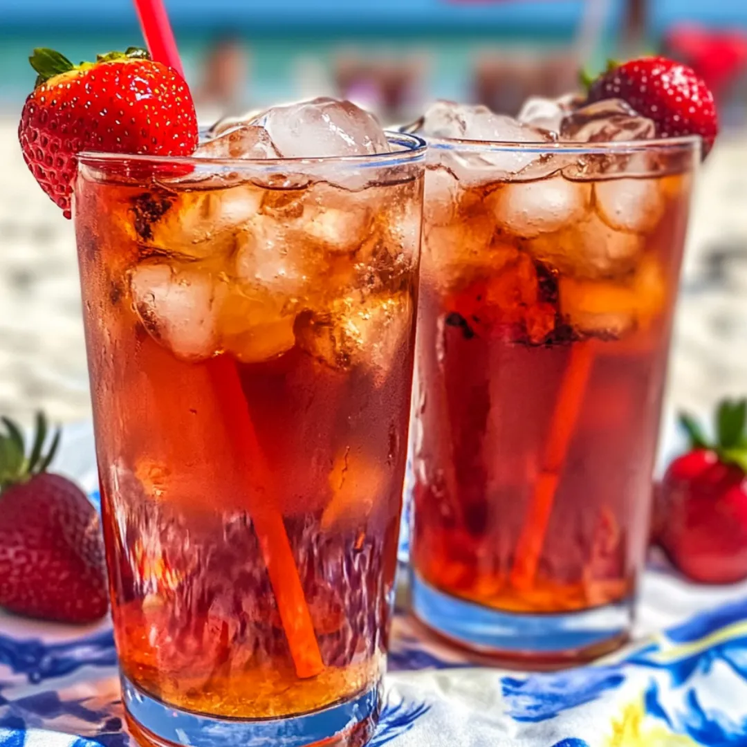 Iced tea in two glasses, each with fresh strawberries.