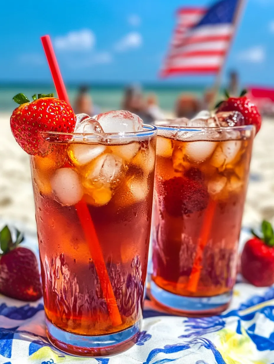 Two glasses of iced tea with strawberries.