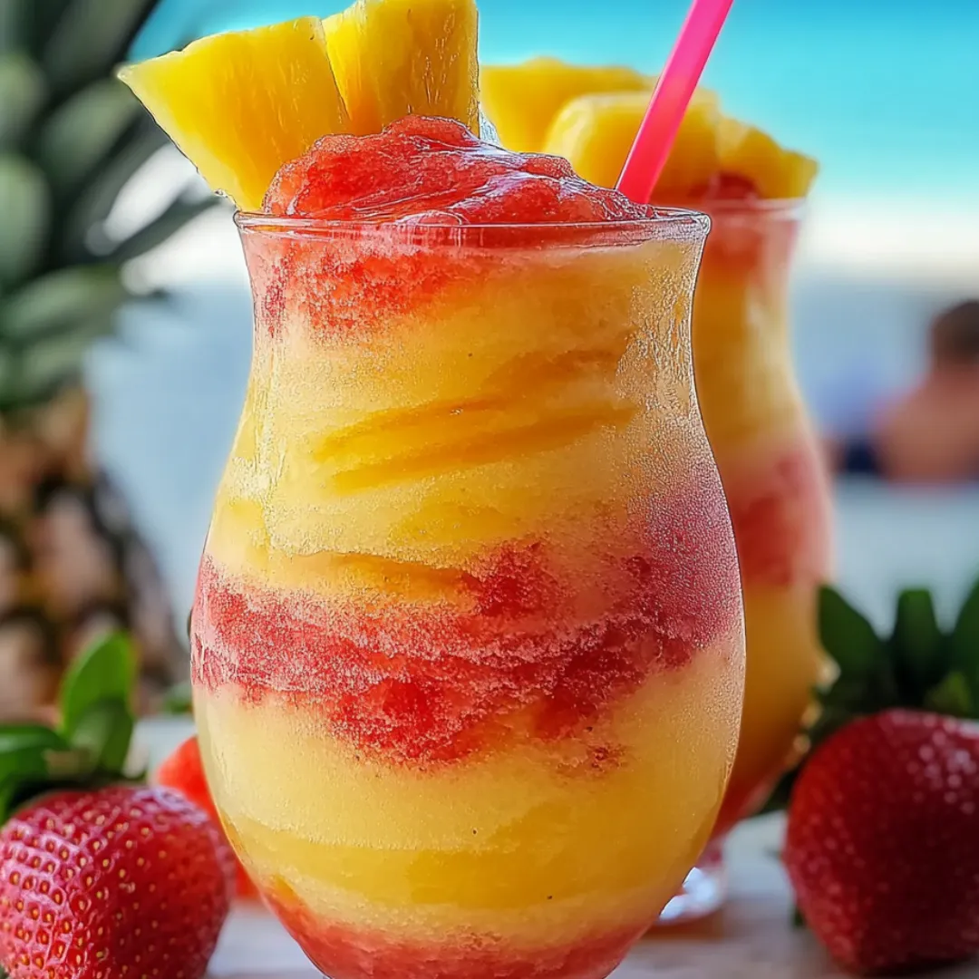 Glass filled with pineapple juice and strawberries sitting nearby.