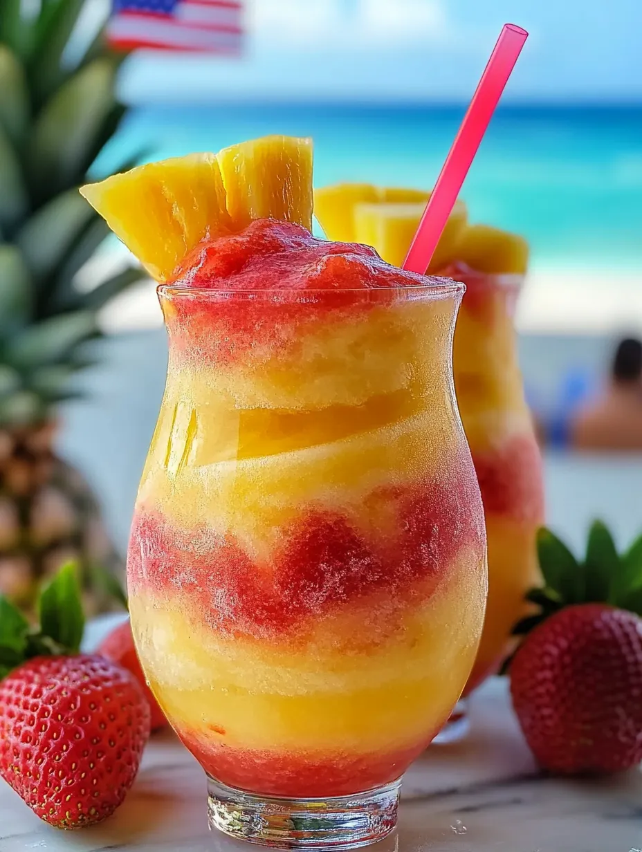 A glass filled with pineapple and strawberry, swirled together.