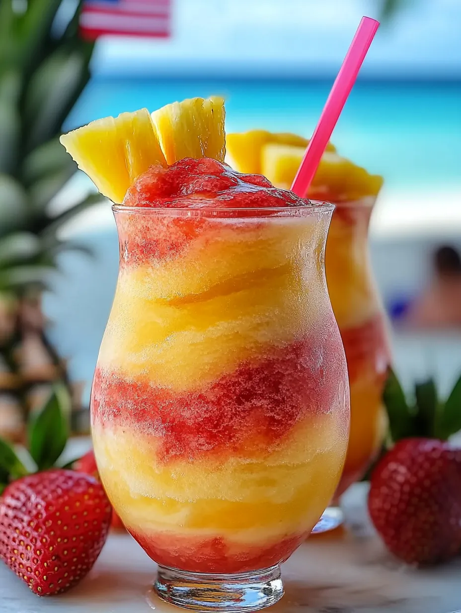 A glass layered with pineapple mix and topped with a strawberry.