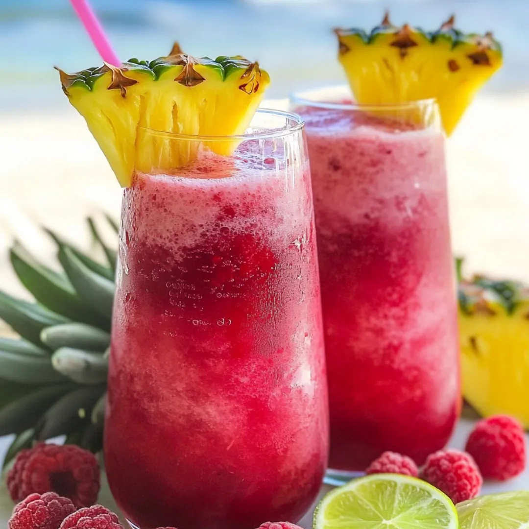 Pink fruity drinks in two glasses, topped with pineapple greenery.