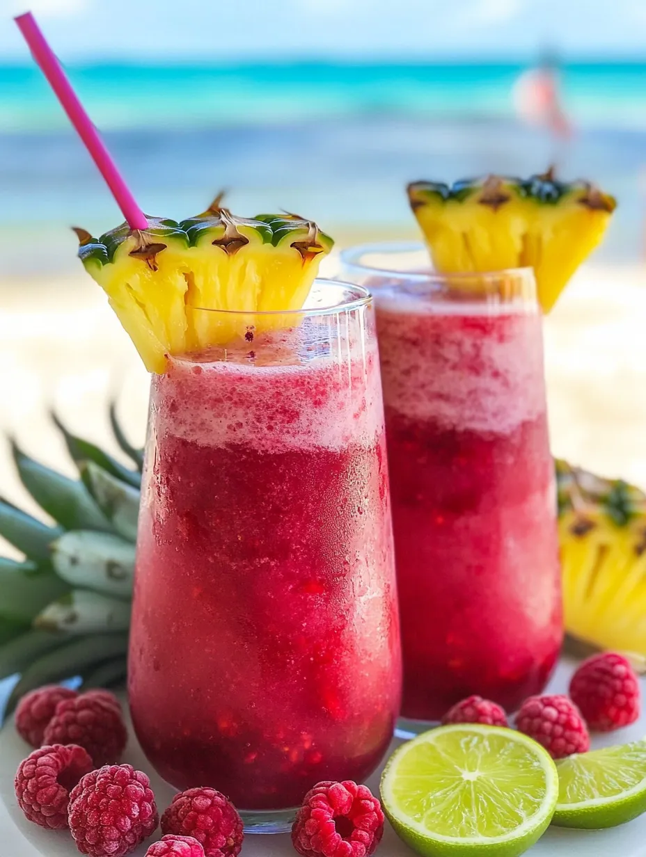 Two tall pink drinks topped with pineapple leaves.