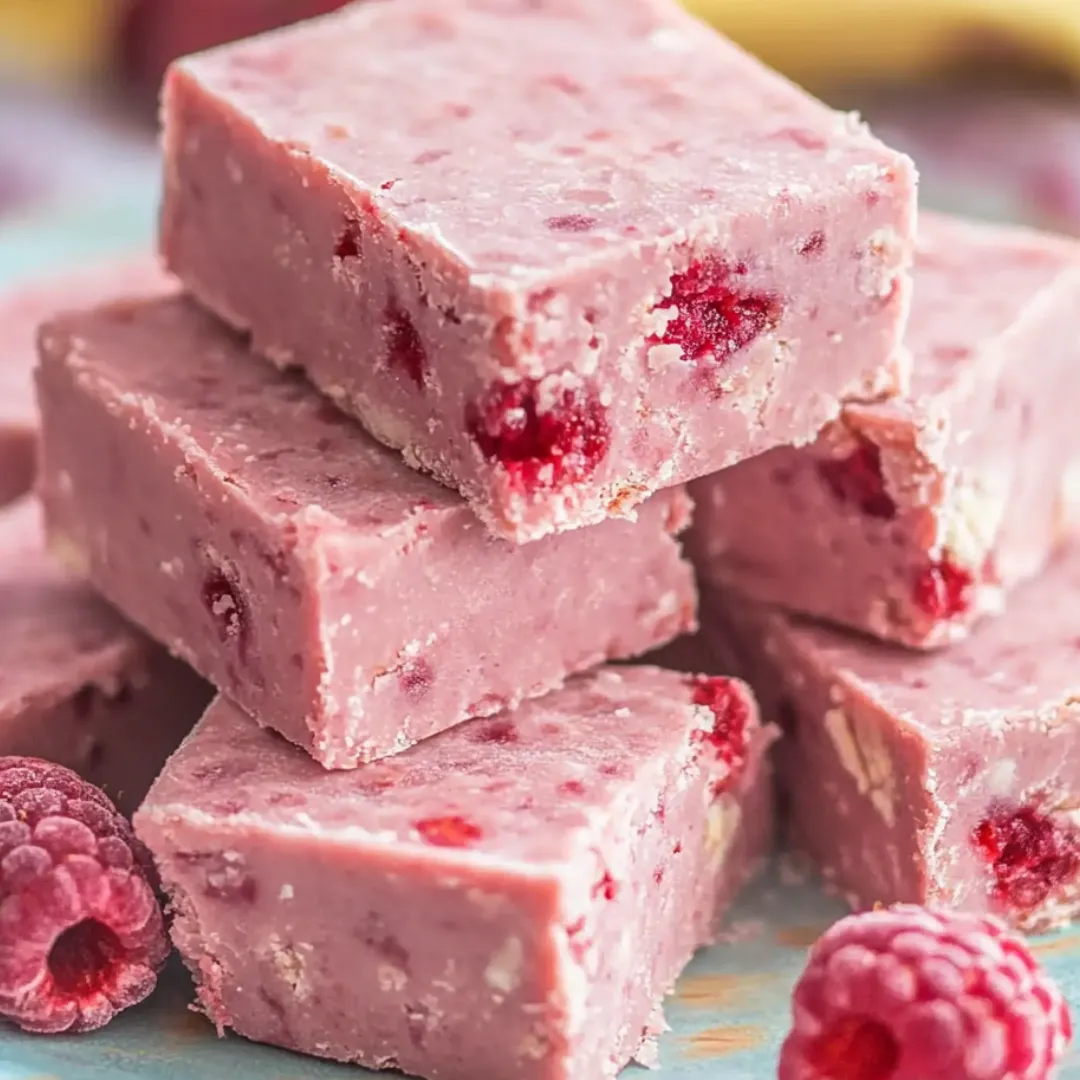 Pink and red fudge bars piled up with fresh berries on top.