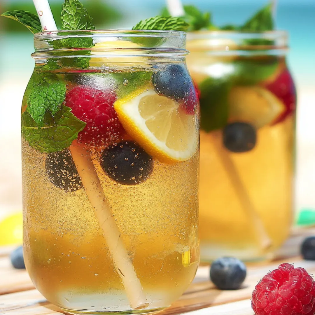 Two glasses with raspberries and blueberries in lemonade.
