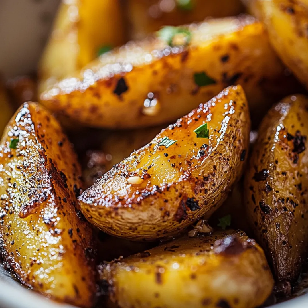 Potato wedges topped with fresh greens in a bowl.