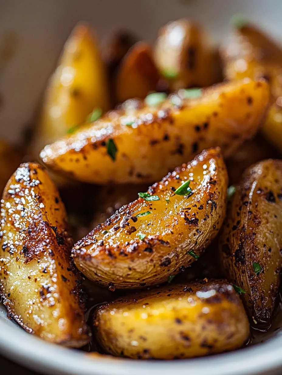 Closeup shot of crispy potato wedges on a plate.