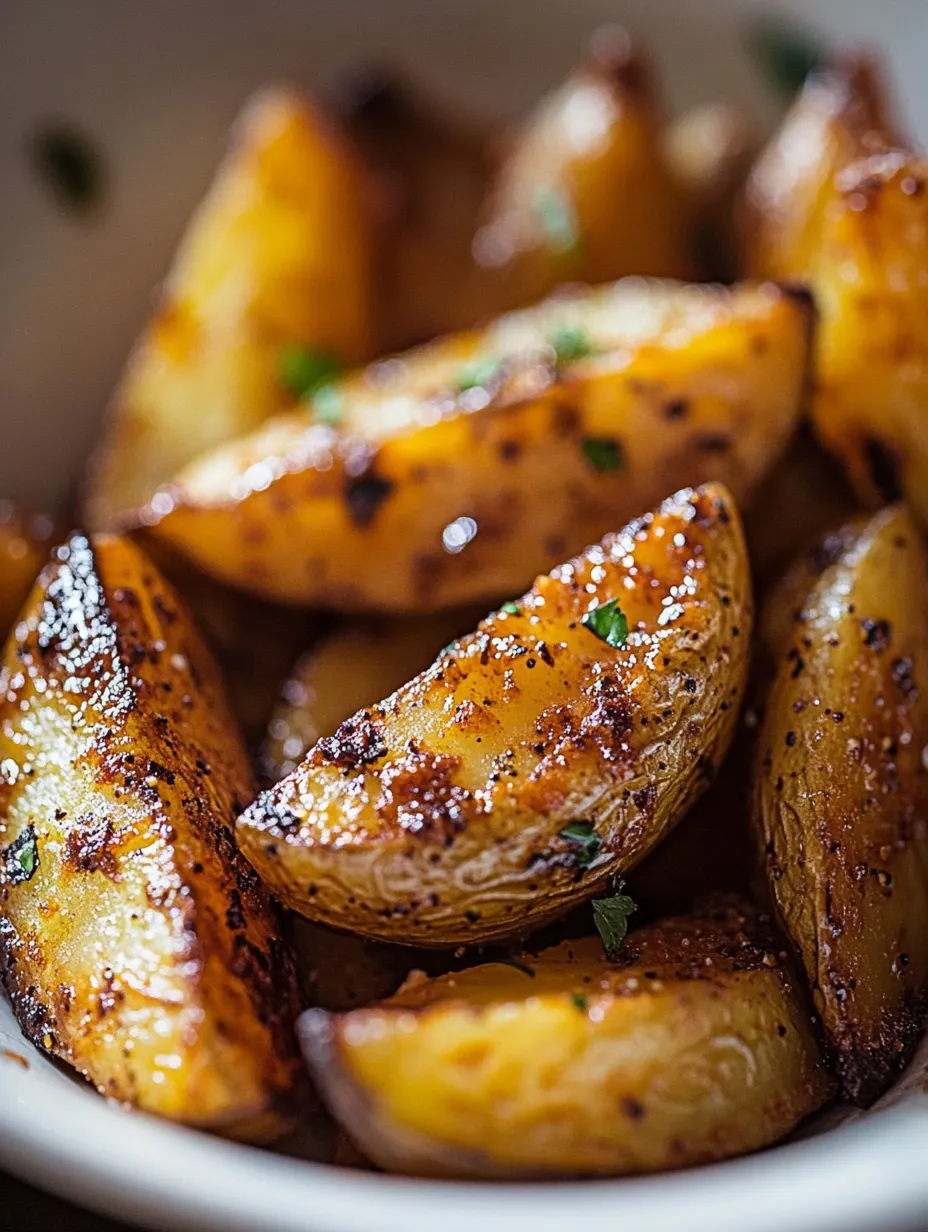 Potato wedges roasted with crispy dark edges.