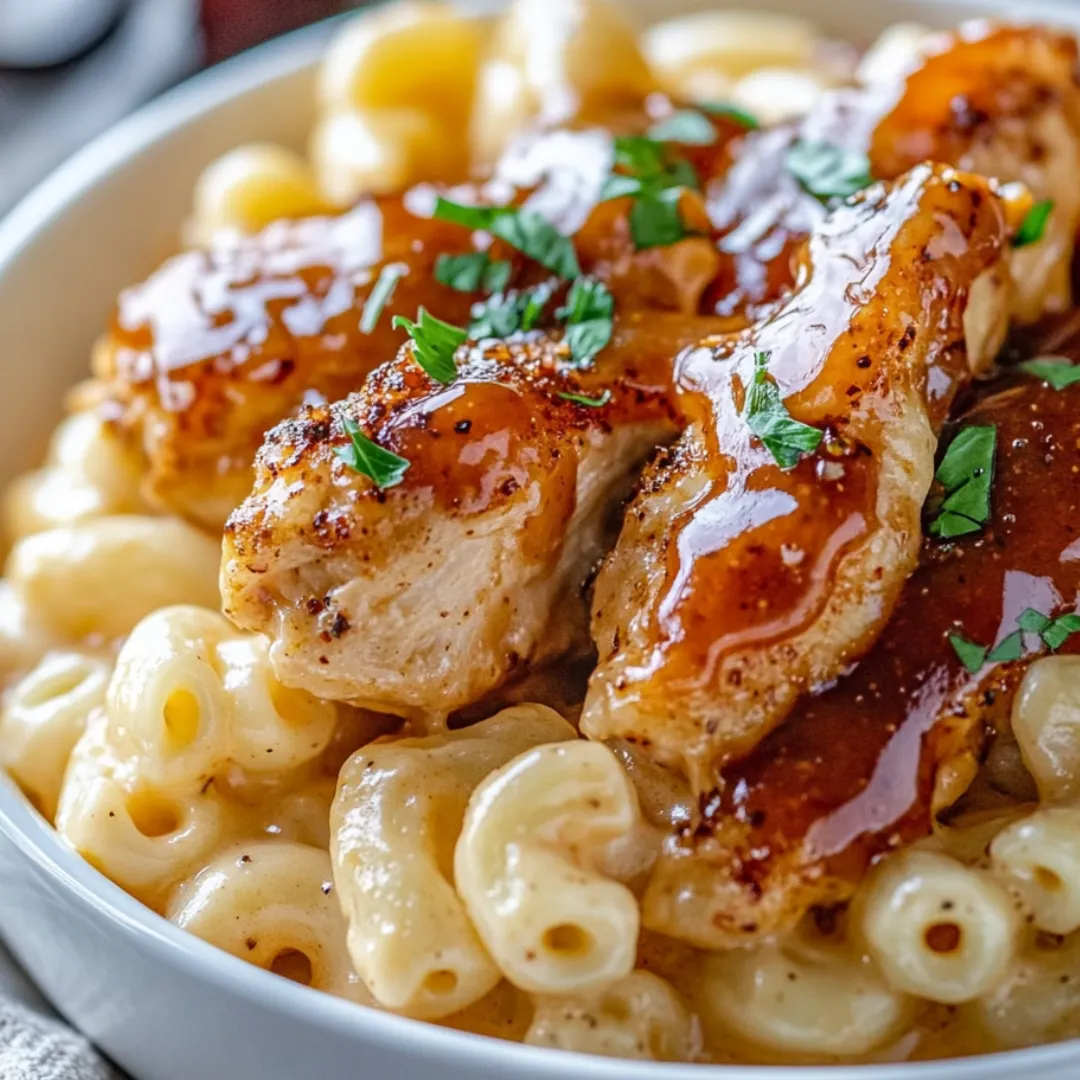 Bowl full of creamy mac and cheese topped with crispy chicken chunks.