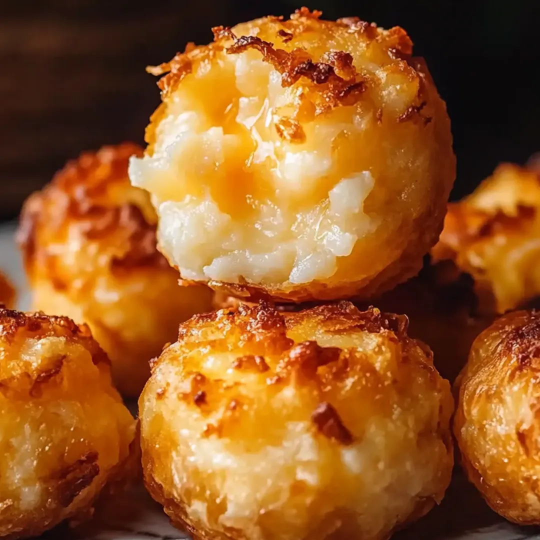 Plate stacked with cheesy golden puffs close up.