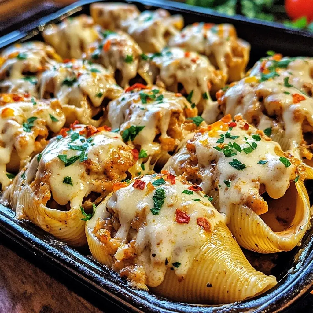 A tray full of cheesy stuffed shells with tomatoes on top.