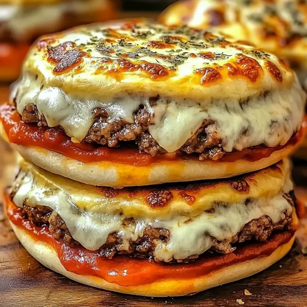 Three cheesy pizza sandwiches in a stack.