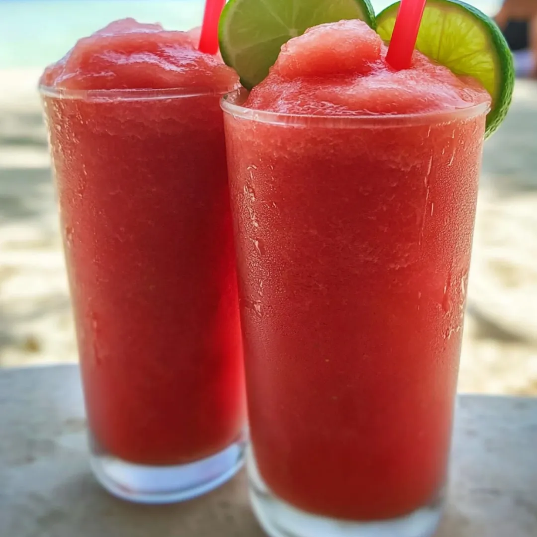 Two glasses filled with bright red drinks, each topped with a fresh lime wedge.