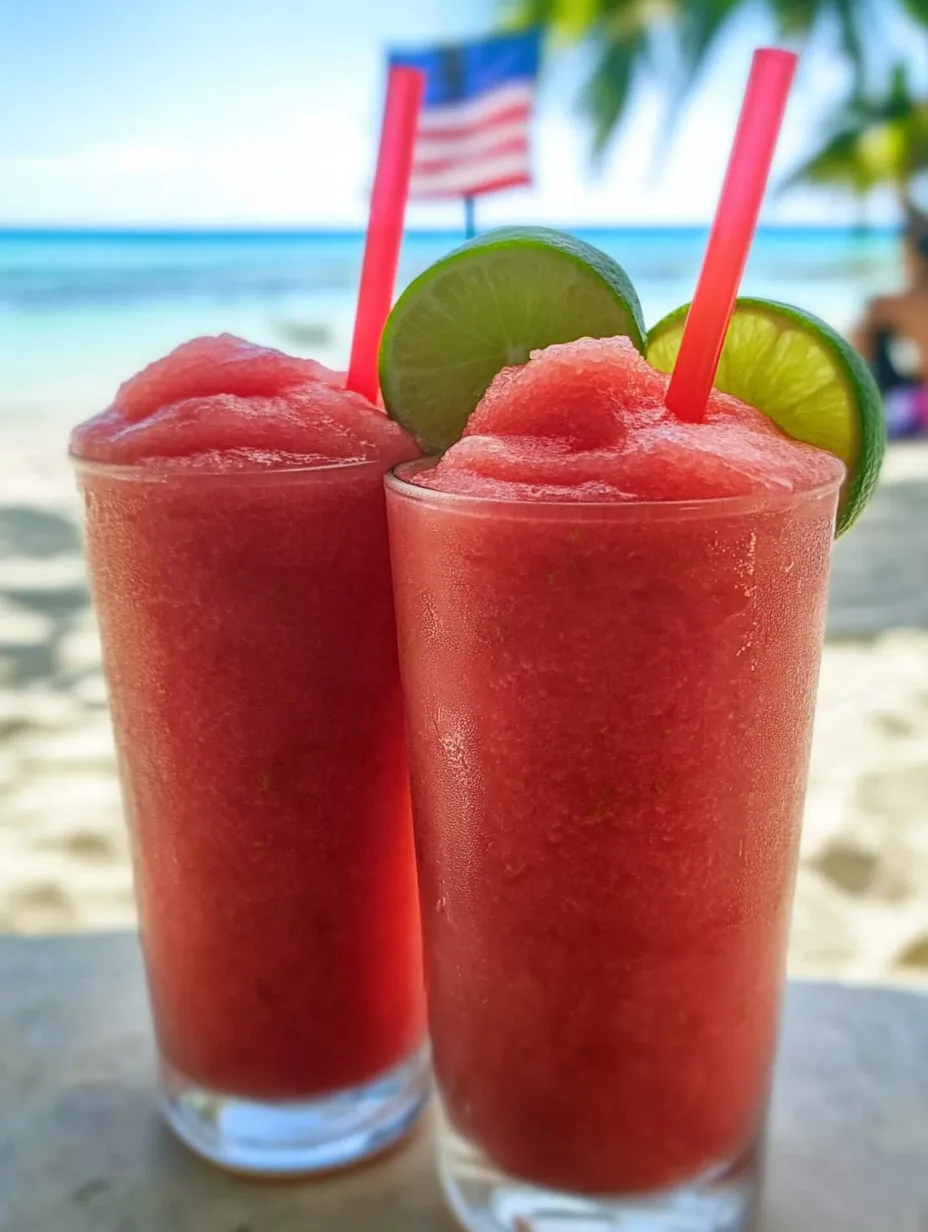 Pink slush drinks on a tabletop with bright limes.