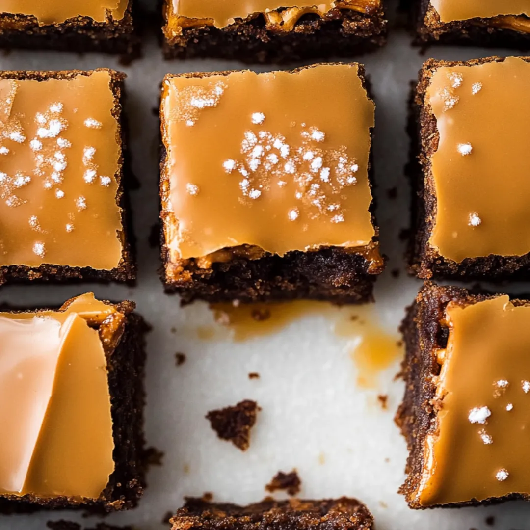 Brownie with caramel poured on top, zoomed in.