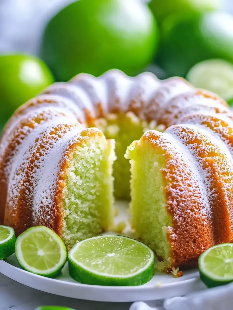 Bundt-style cake with lime slices across the top.