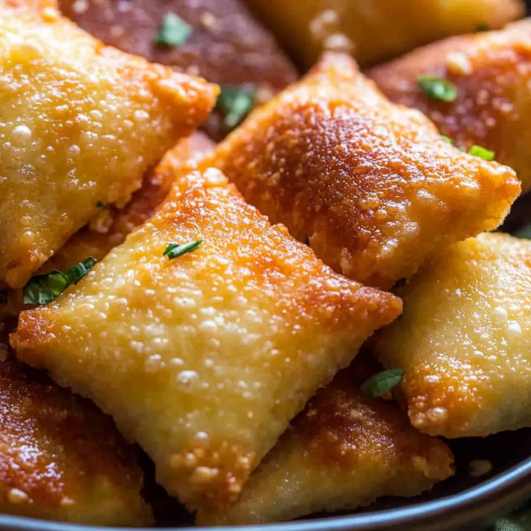 A bowl piled with golden pizza rolls and a sprinkle of herbs.
