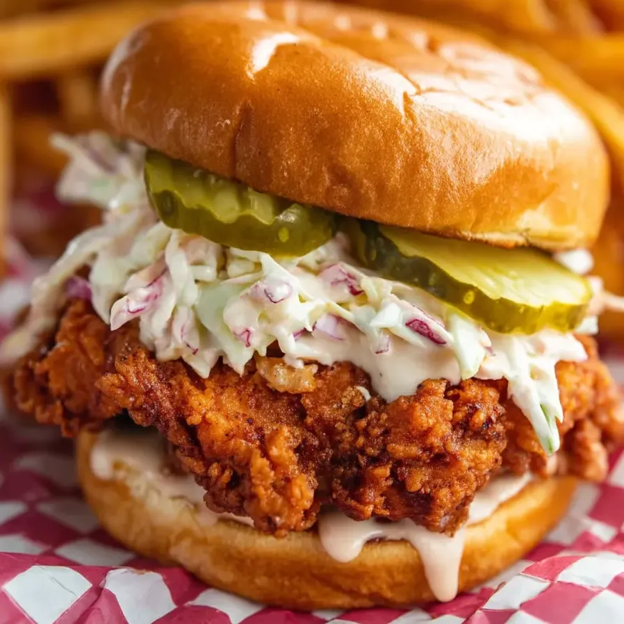 Sandwich stacked with pickles and slaw.