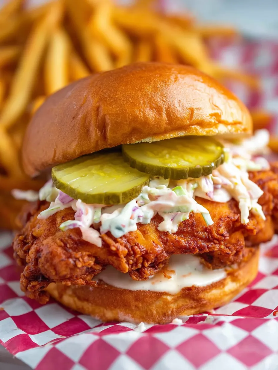 A sandwich with pickles and coleslaw on a bun.