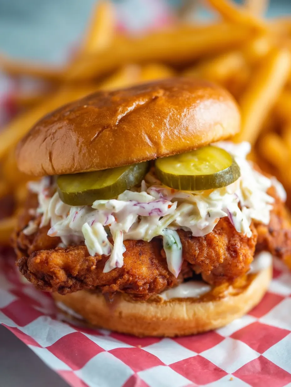 A sandwich with coleslaw and pickles.