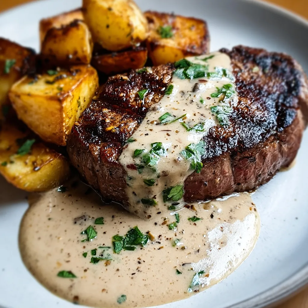 Meat served with sauce and a side of fluffy potatoes on a plate.