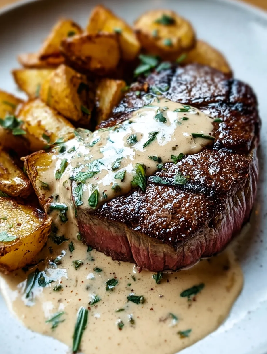 Juicy steak covered in creamy sauce.
