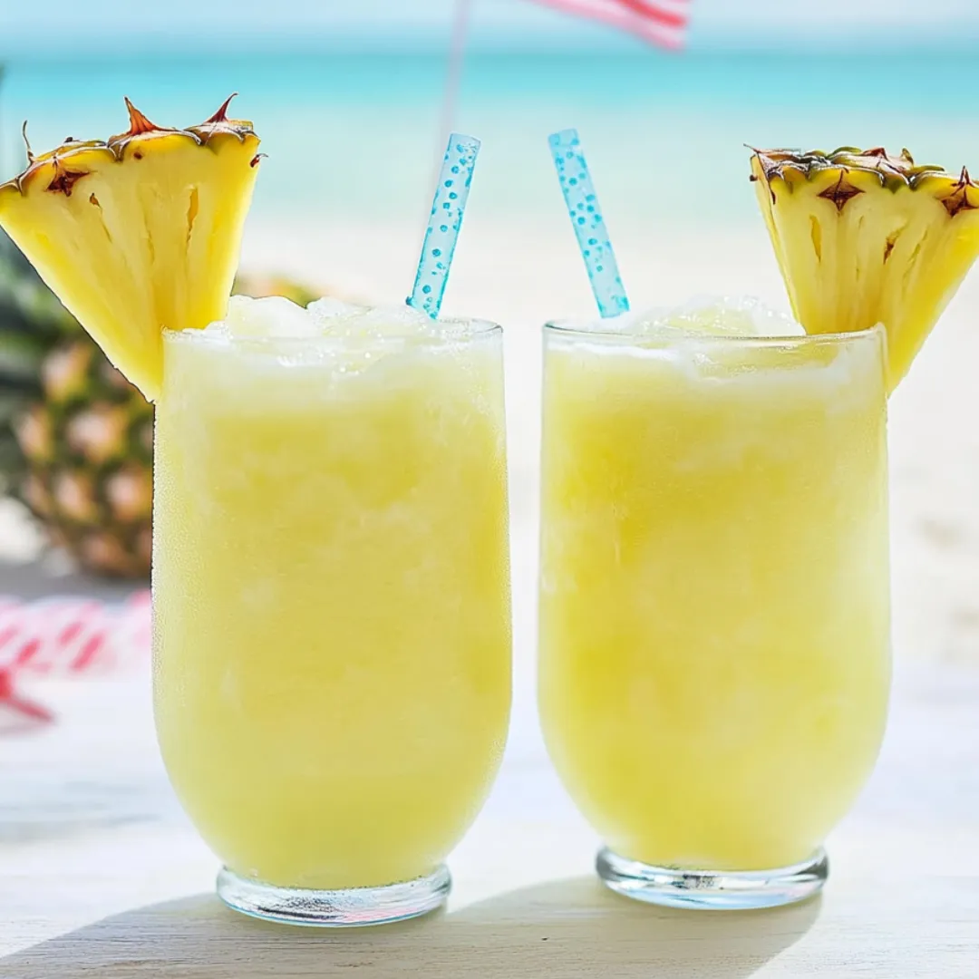 Two glasses filled with pineapple lemonade on a table.