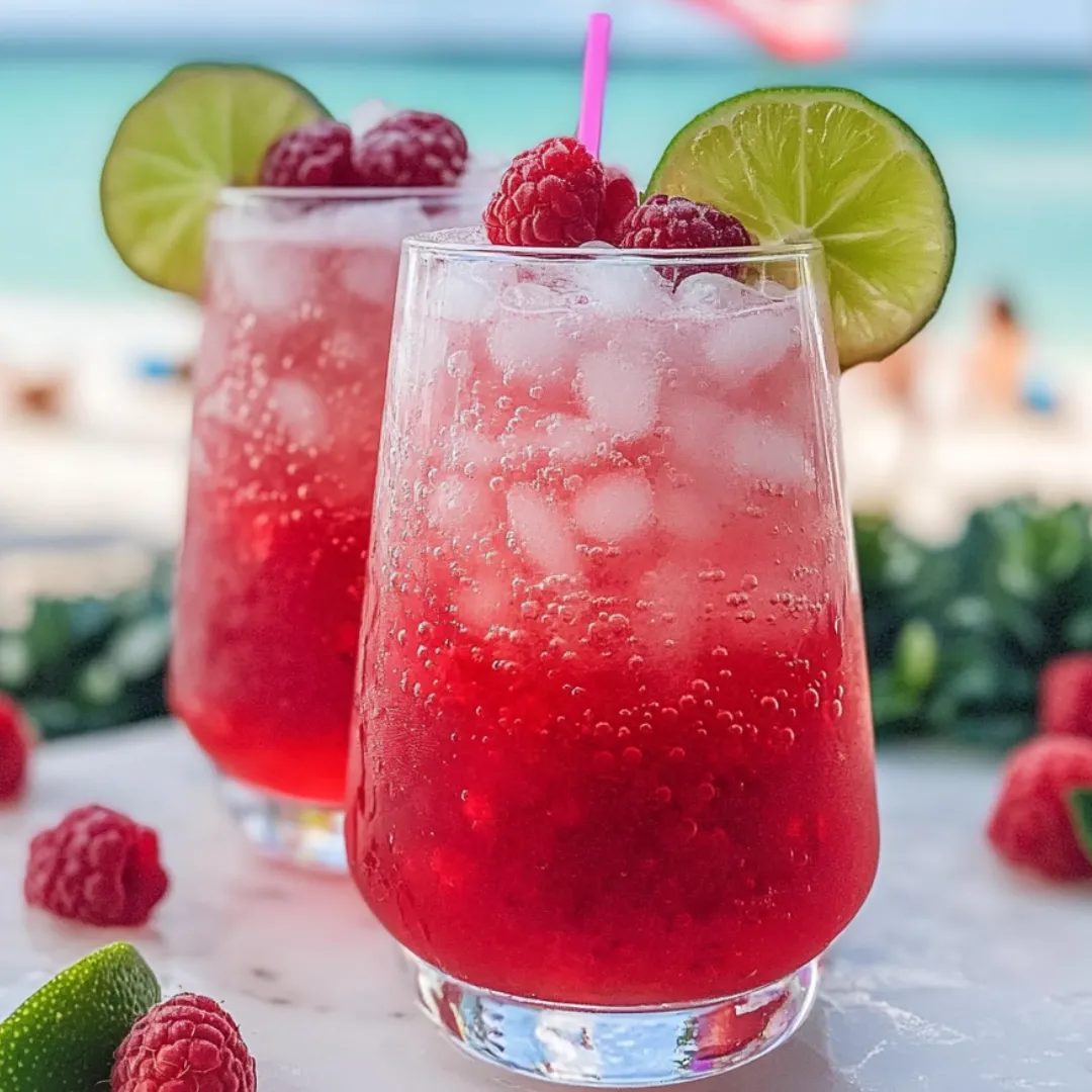 Two glasses filled with bright red drinks and striped straws.