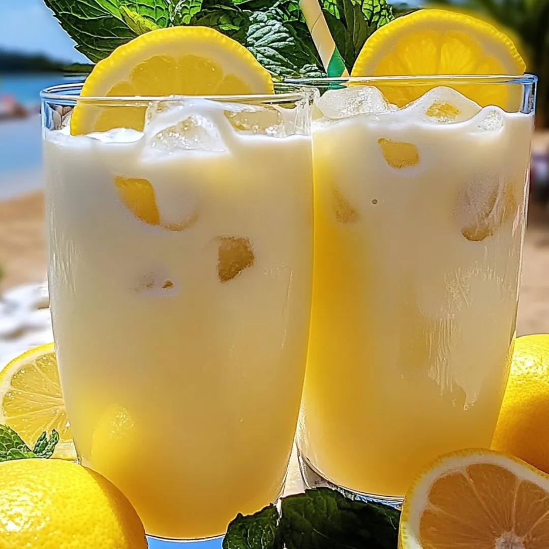 Two tall glasses filled with lemony drink and floating lemon wheels.