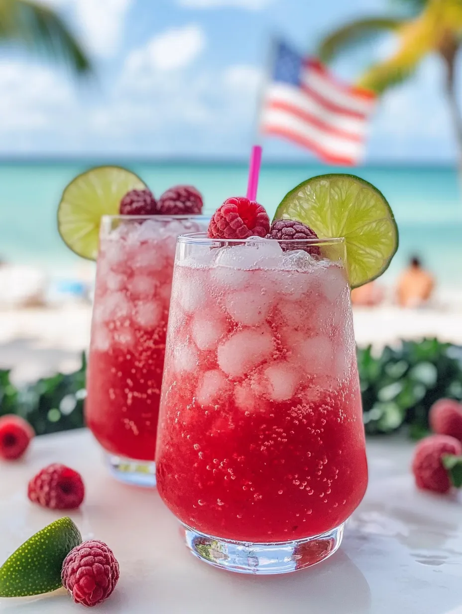 Two glasses filled with a red fizzy drink and plump raspberries.