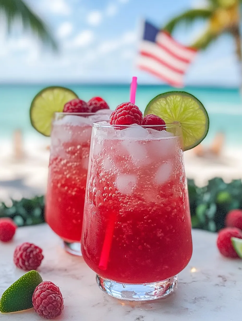 Red bubbly drinks in two glasses with striped straws and plump raspberries floating.