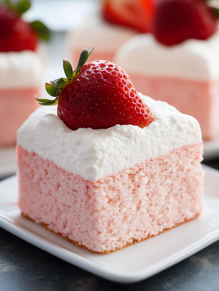 A slice of pink cake with a strawberry on top.