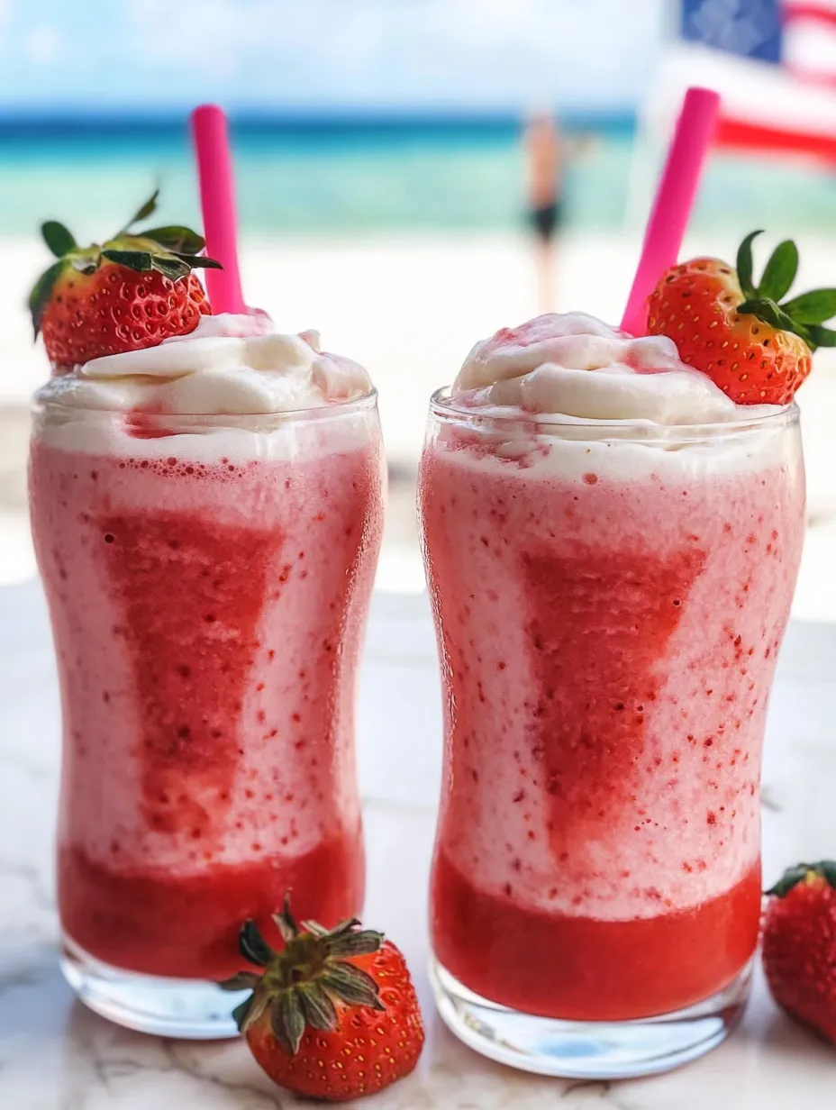Two glasses filled with pink strawberry drink.