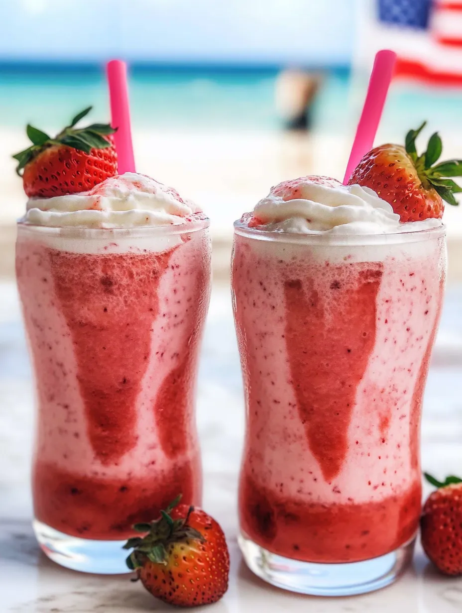 Two tall glasses of strawberry shake.