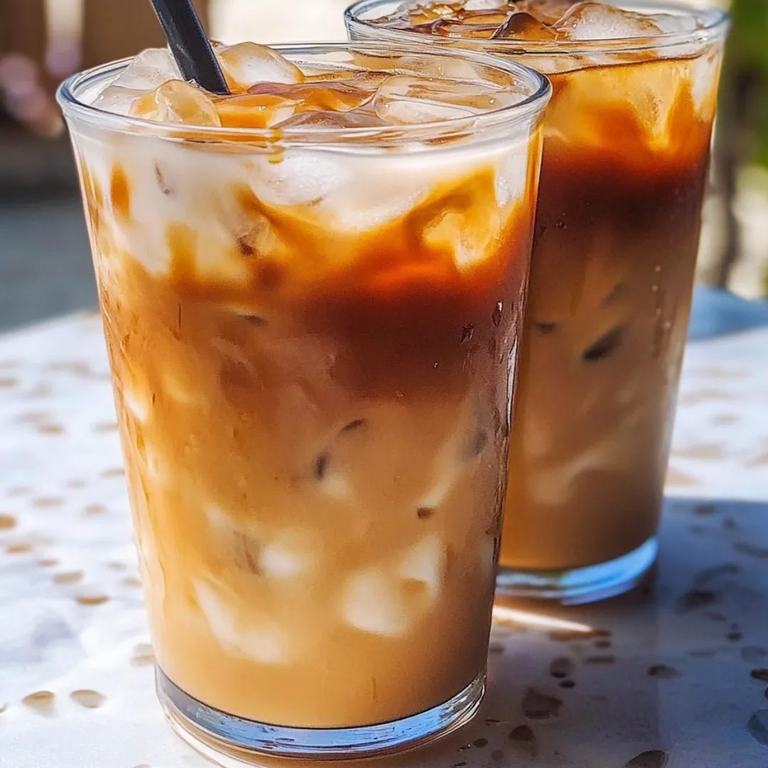 Two glasses of iced coffee on a table.