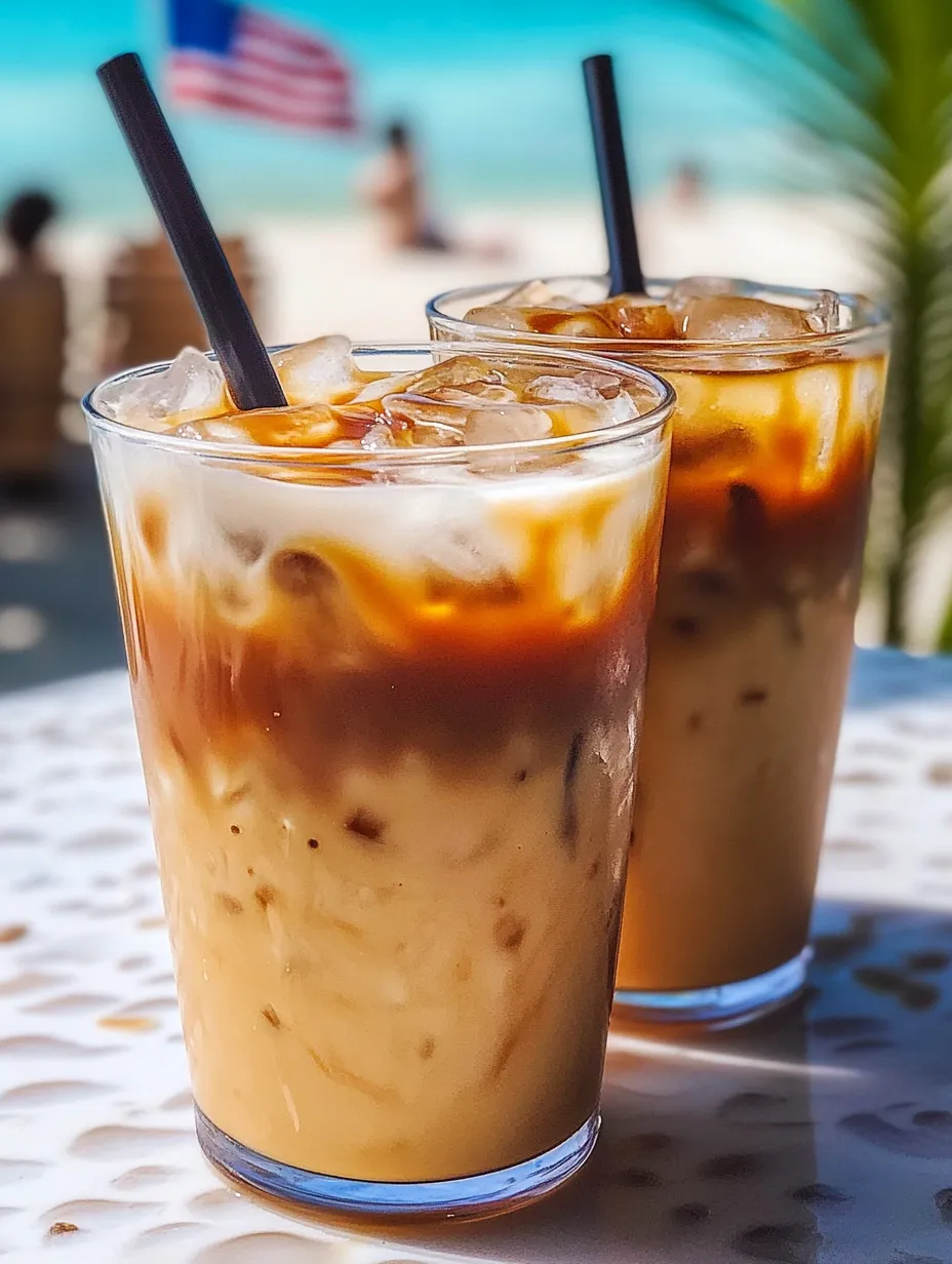 Two glasses of iced coffee on a table.