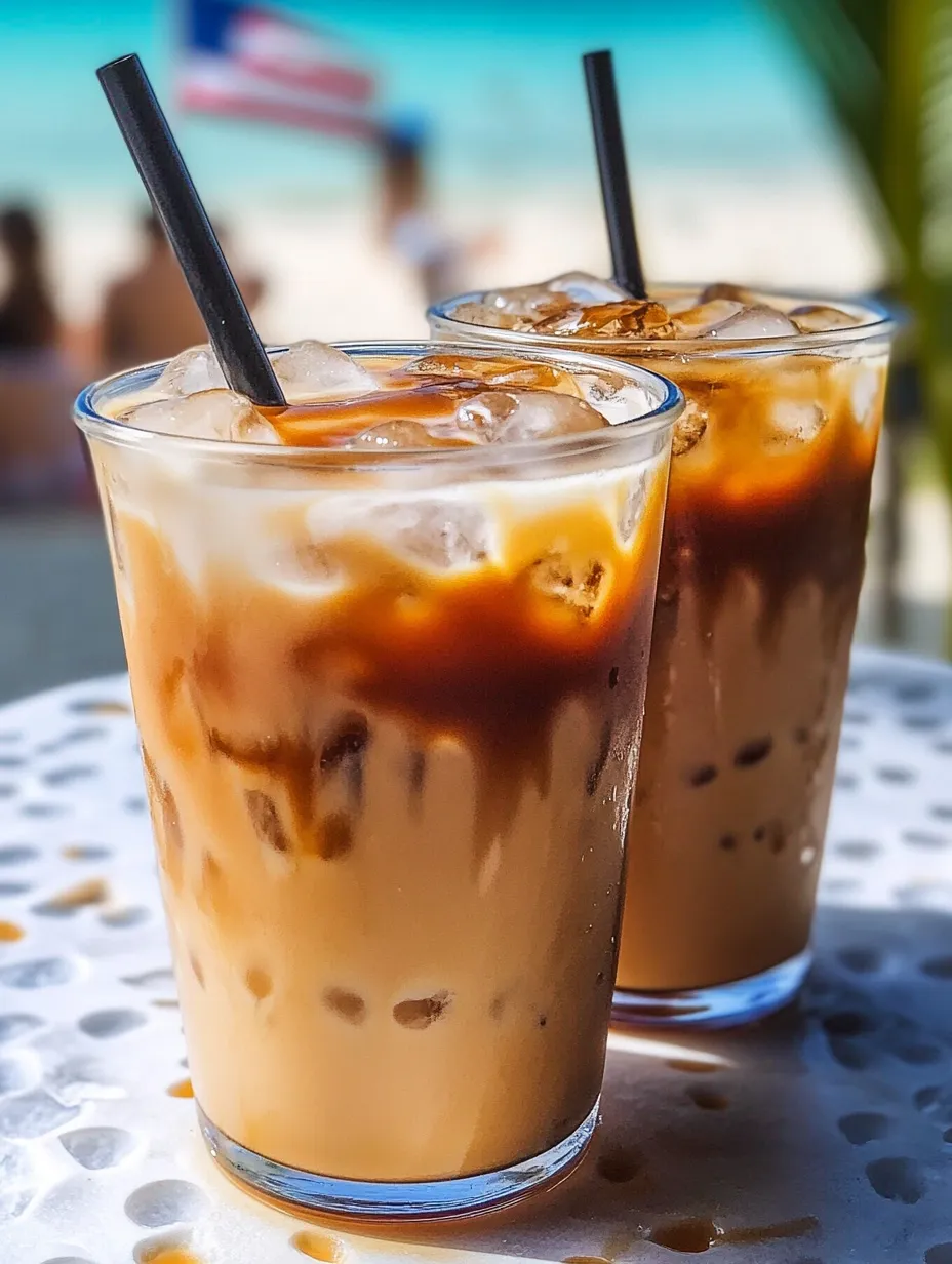 Two glasses of iced coffee on a table.