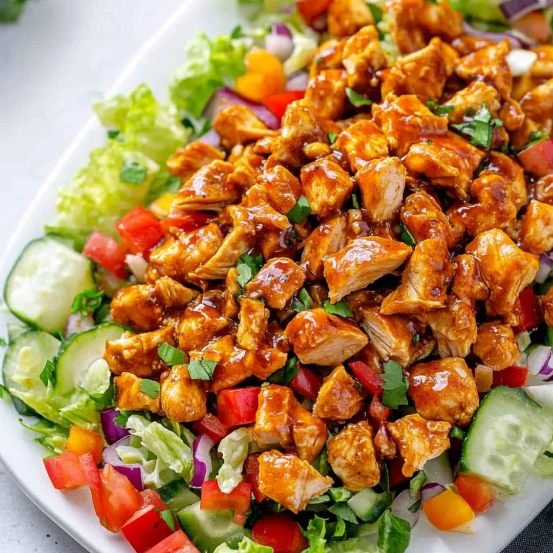 Chicken served on a bed of fresh veggies.