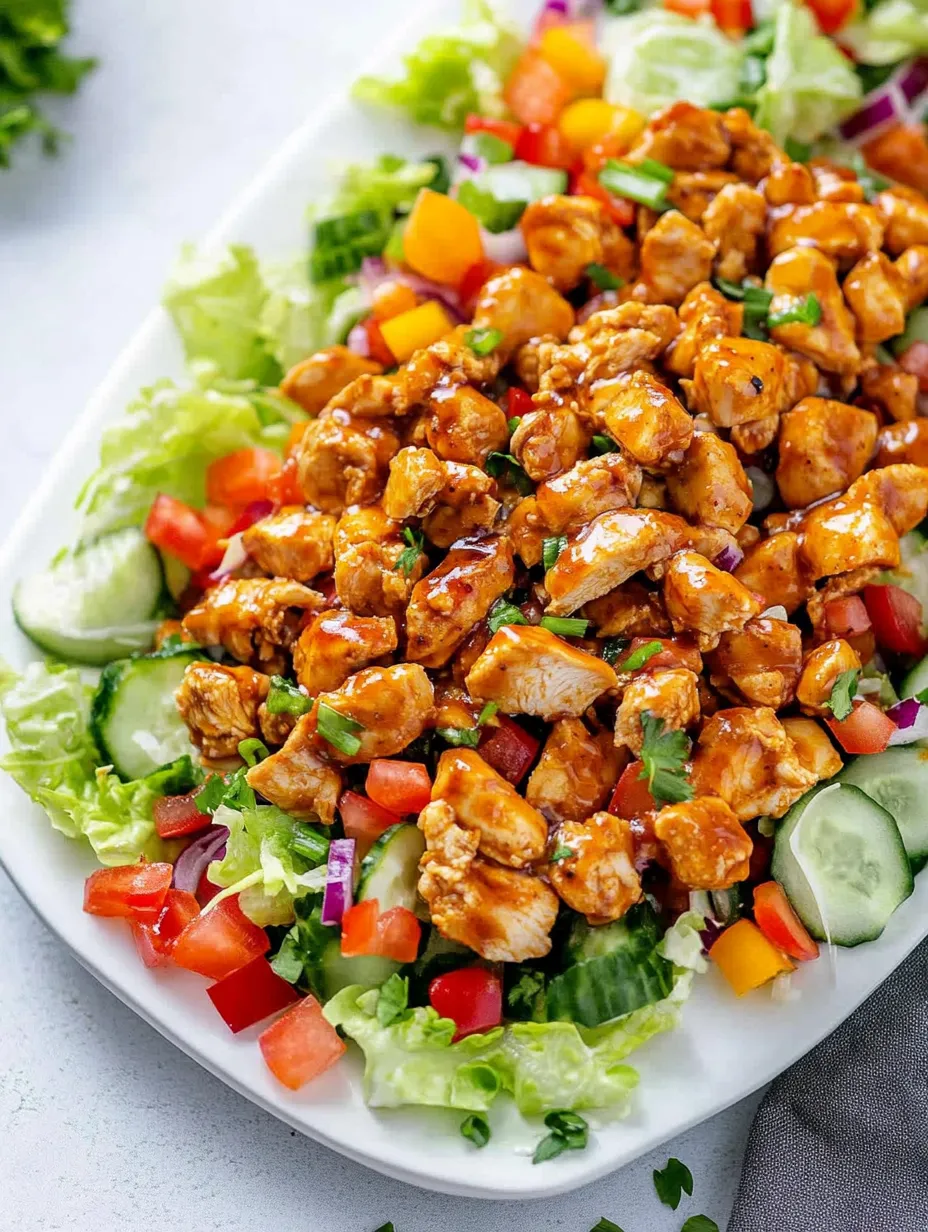 A plate of food with chicken, lettuce, tomatoes, and peppers.