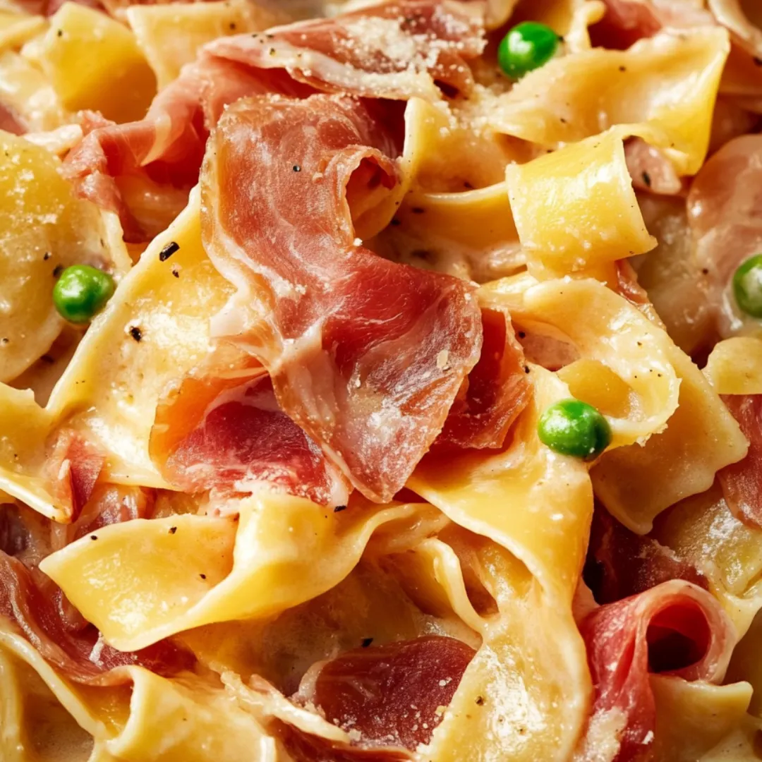 A bowl of noodles with meat and green peas.