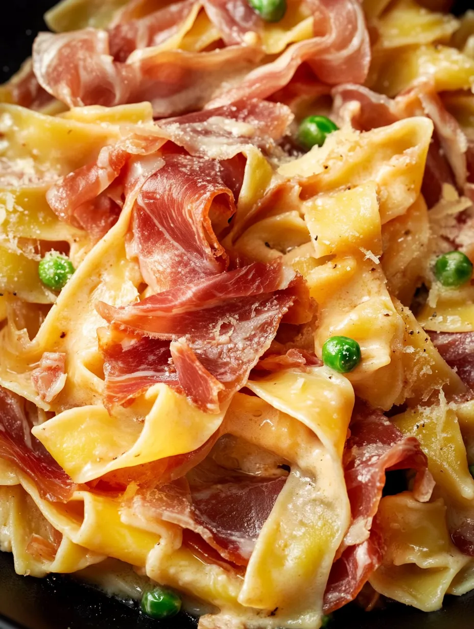 A plate of pasta with meat and peas.