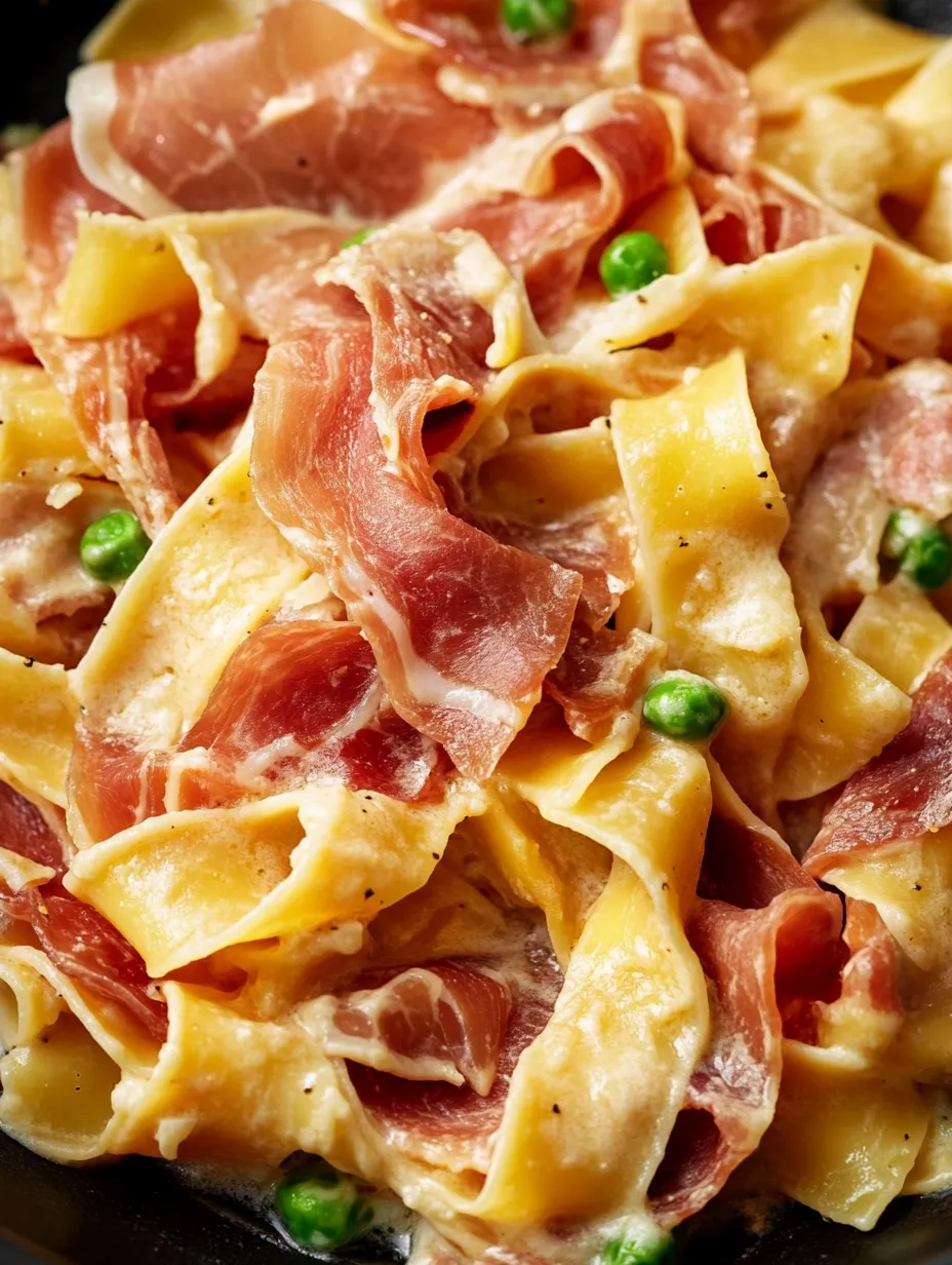 A plate of pasta with ham and peas.