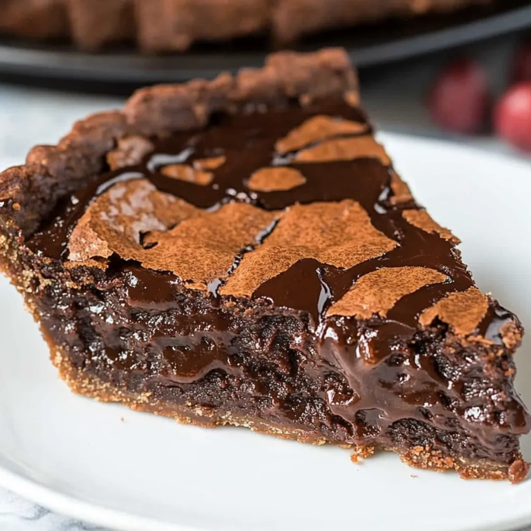Chocolate pie slice on a white dish.
